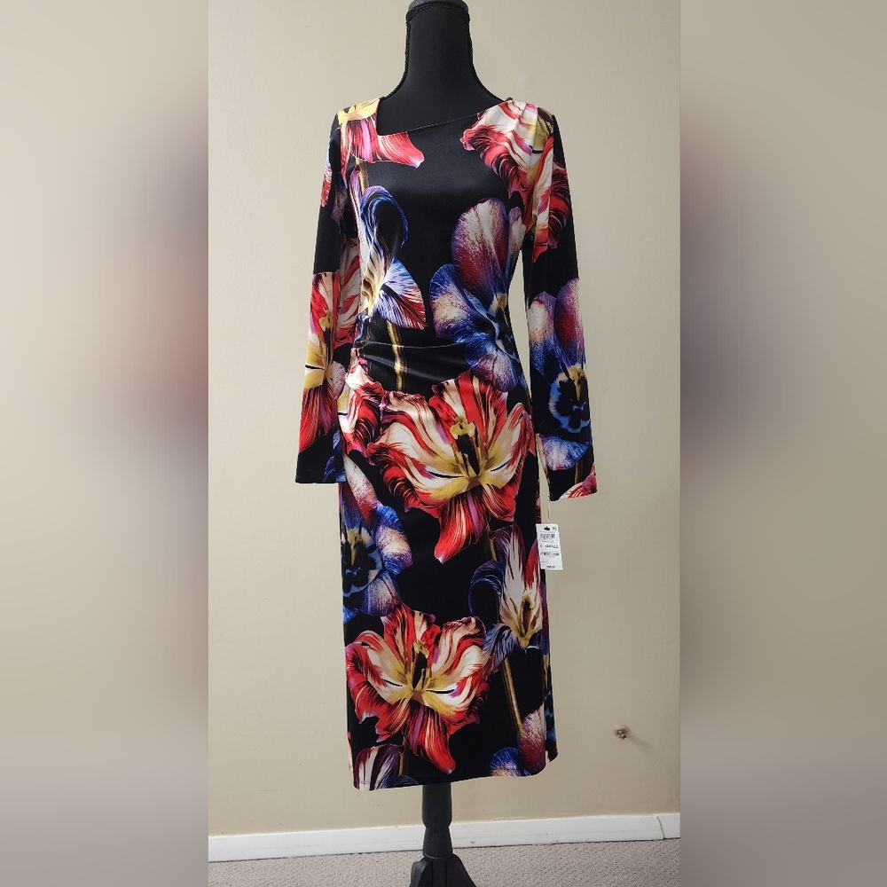 INC International Concepts Vibrant Floral Midi Dress - Black, Red, Yellow, Blue